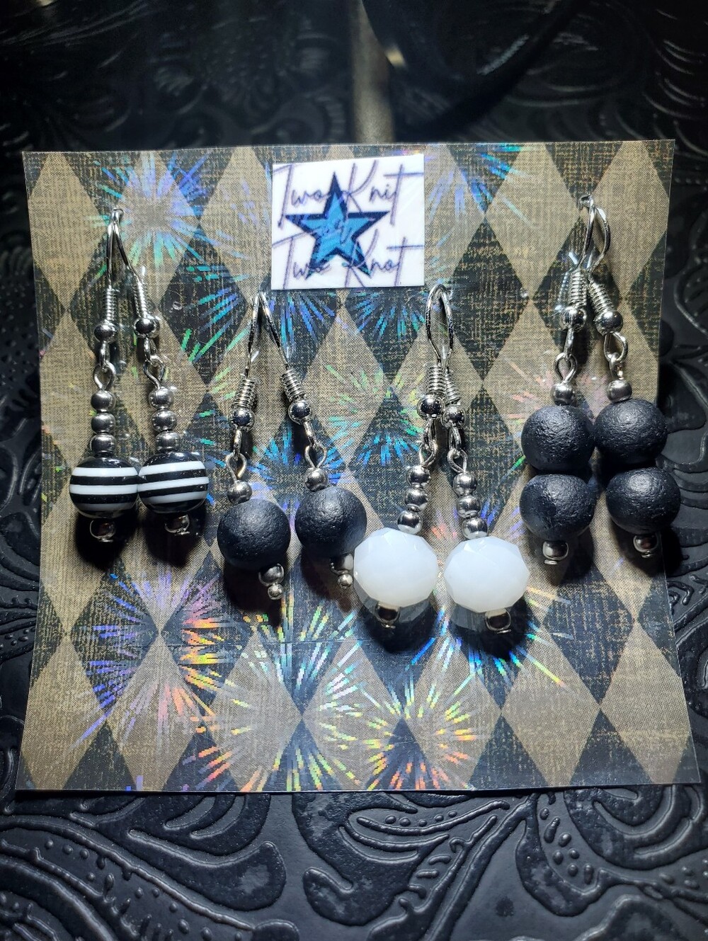 4 Pack - Black Silver White Stripes - Mini Mix Of Dainty Dangle Jewelry Earrings